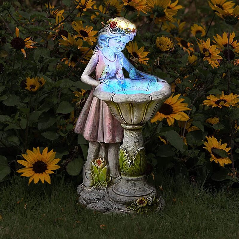 Solar Garden Statue Girl Looking in Fountain